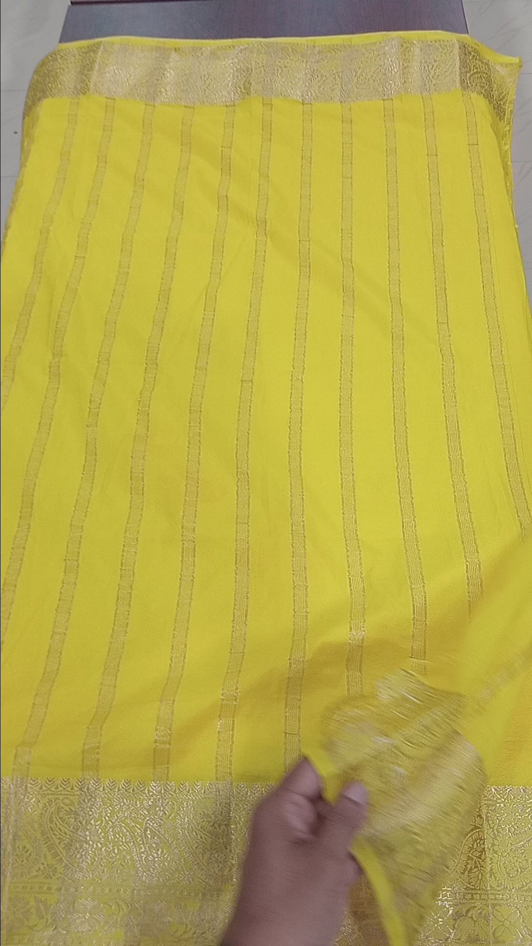 Mysore Silk Plain Saree with classic Gold Zari border in Yellow Color