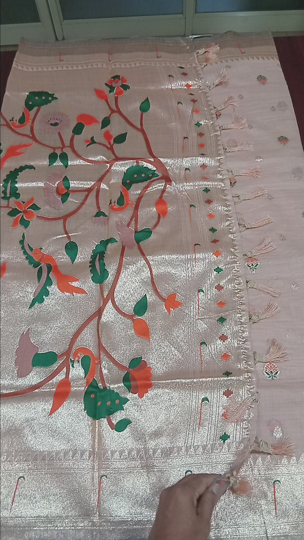 Patola Pure Silk Saree with Rich Gold Color Zari Border and Pallu in Light Peach Color