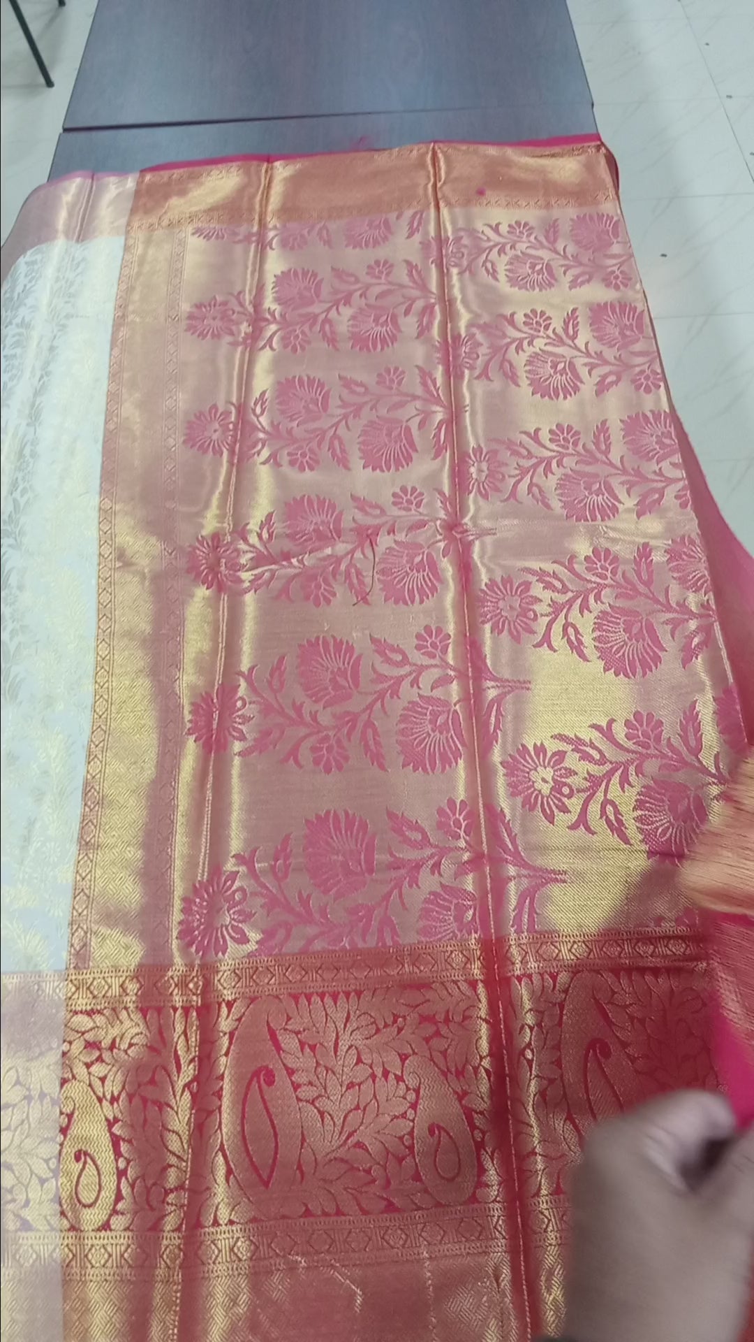 Kanchipuram Silk Saree with full gold zari weaving in Light Cream color in contrast color border