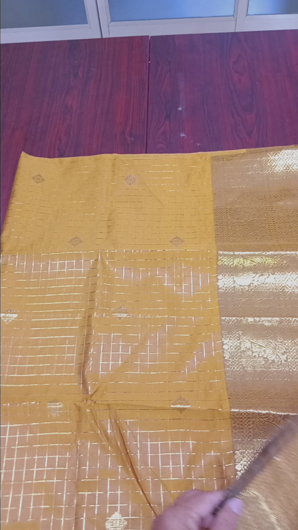 Kanchipuram Silk saree with Gold Zari checkered pattern with Gold Butta all over saree and pallu in Yellow color