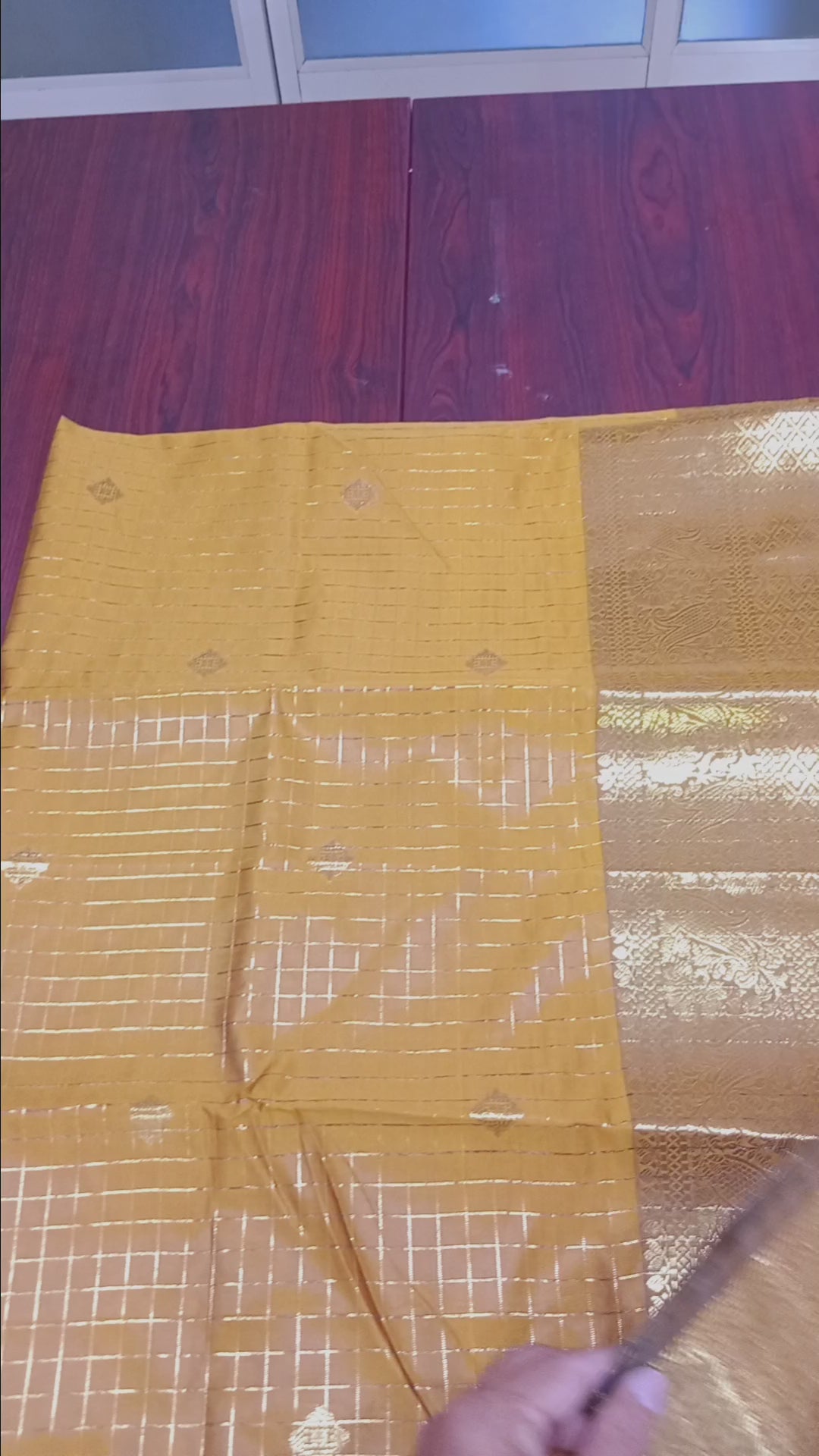 Kanchipuram Silk saree with Gold Zari checkered pattern with Gold Butta all over saree and pallu in Yellow color