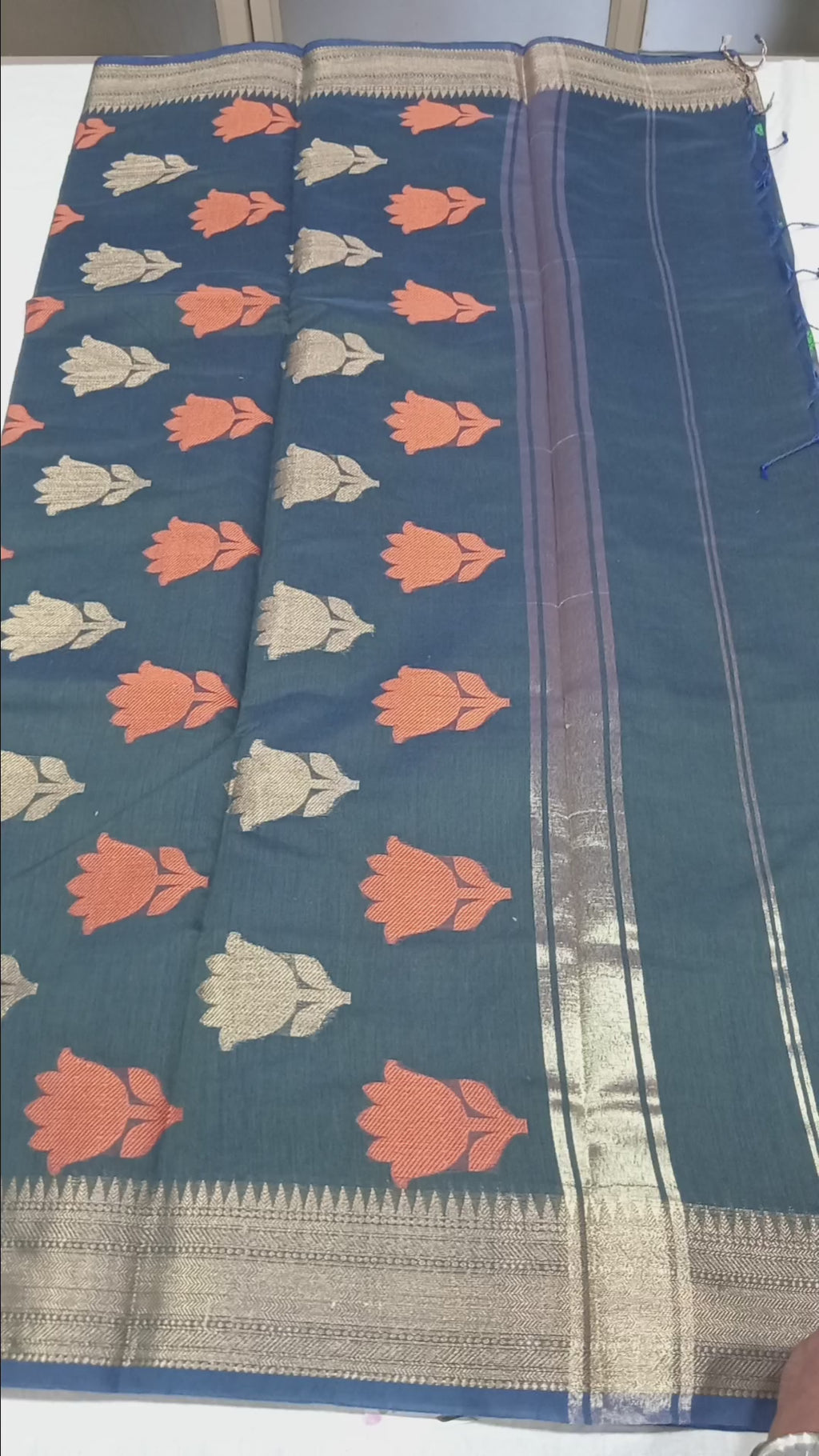 Chandheri Silk Saree with Flower Polka Dots Buttas with Gold Zari Border and Tassels in Greyish Blue color