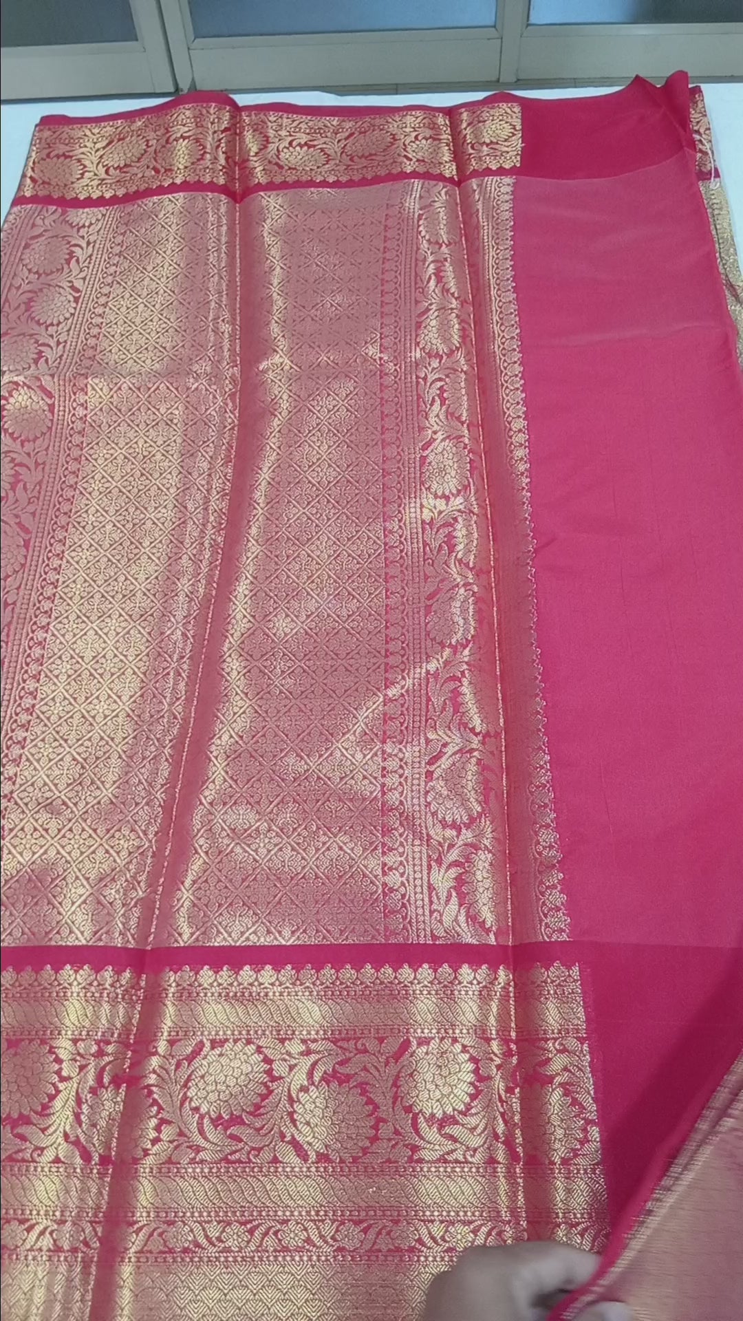 Kanchipuram Silk saree with Gold Zari pattern with Gold Butta all over saree and pallu in Sandalwood Red color