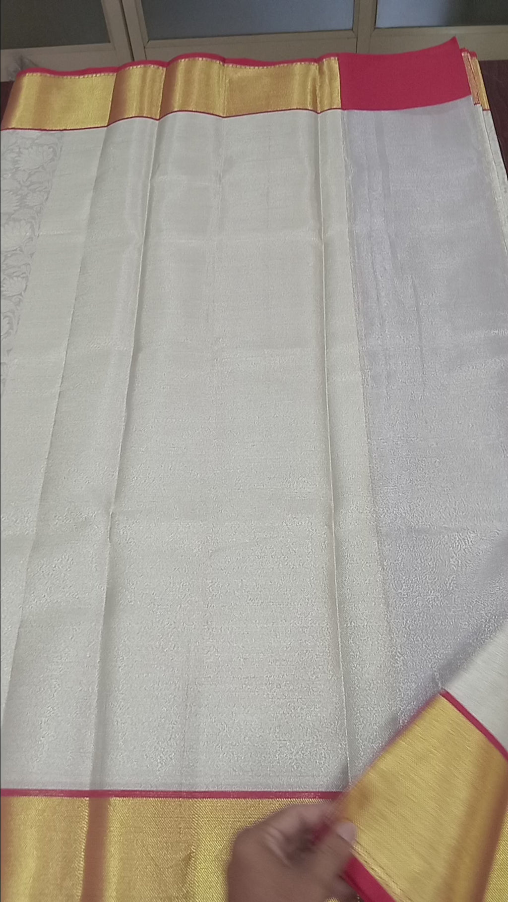Semi Kanchipuram Silk Saree with Gold Zari Buttas and Contrast Border in Color Whitish Cream Pink Gold Color