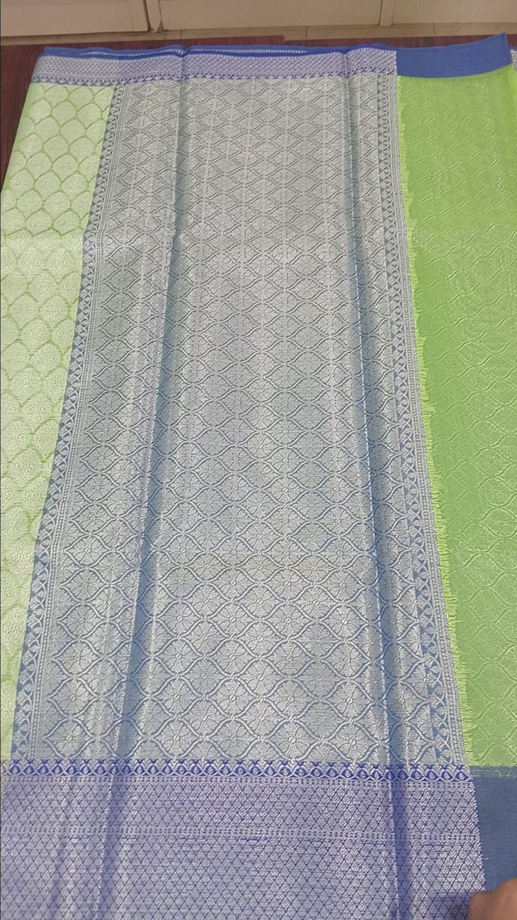 Semi Kanchipuram Silk Saree with Gold Zari Buttas and Contrast Border in Greenish Blue Color
