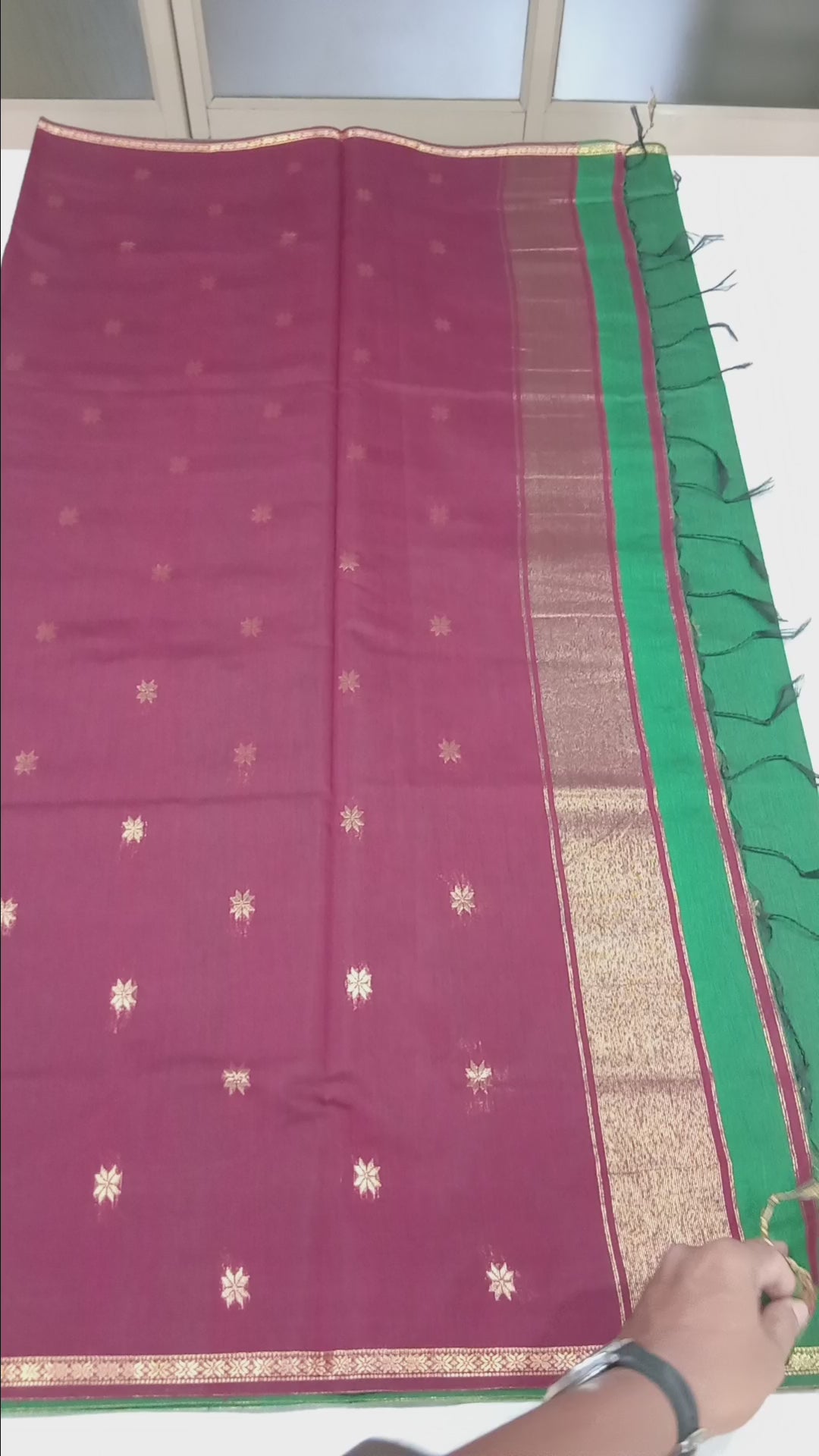 Chandheri Silk Saree with beautiful Butta Motifs in Leaf Green and Maroon Contrast with Tassels