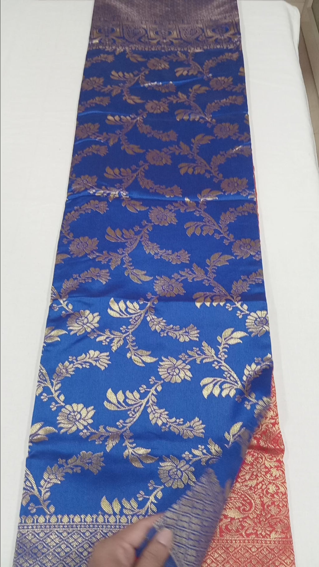 Banarasi Pure Silk Saree with luxurious Gold Zari Floral Buttas all over the saree and Pallu in Royal Blue Red Color
