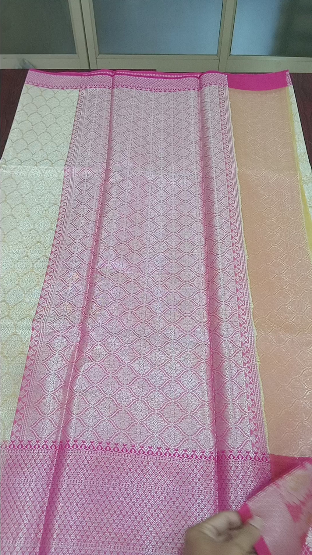 Semi Kanchipuram Silk Saree with Gold Zari Buttas and Contrast Border in Yellowish Cream Pink Color