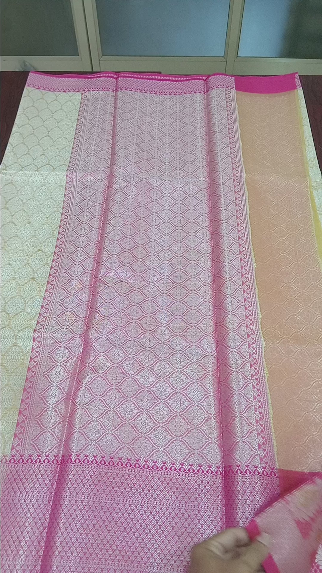 Semi Kanchipuram Silk Saree with Gold Zari Buttas and Contrast Border in Yellowish Cream Pink Color