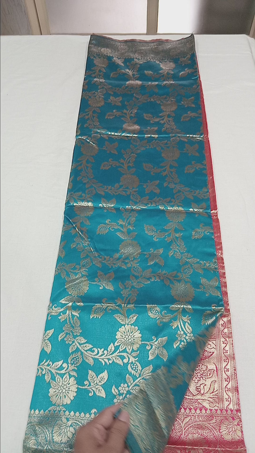 Banarasi Pure Silk Saree with luxurious Gold Zari Floral Buttas all over the saree and Pallu with leaf pattern in Aqua Blue Green Color