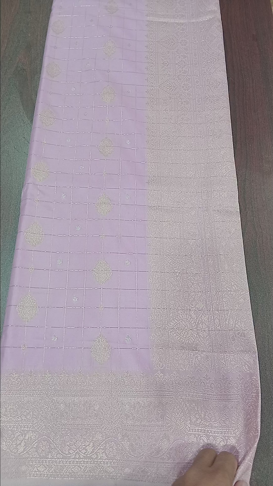 Kanchipuram Pure Silk saree with Gold Zari checkered pattern with Gold Butta all over saree and pallu