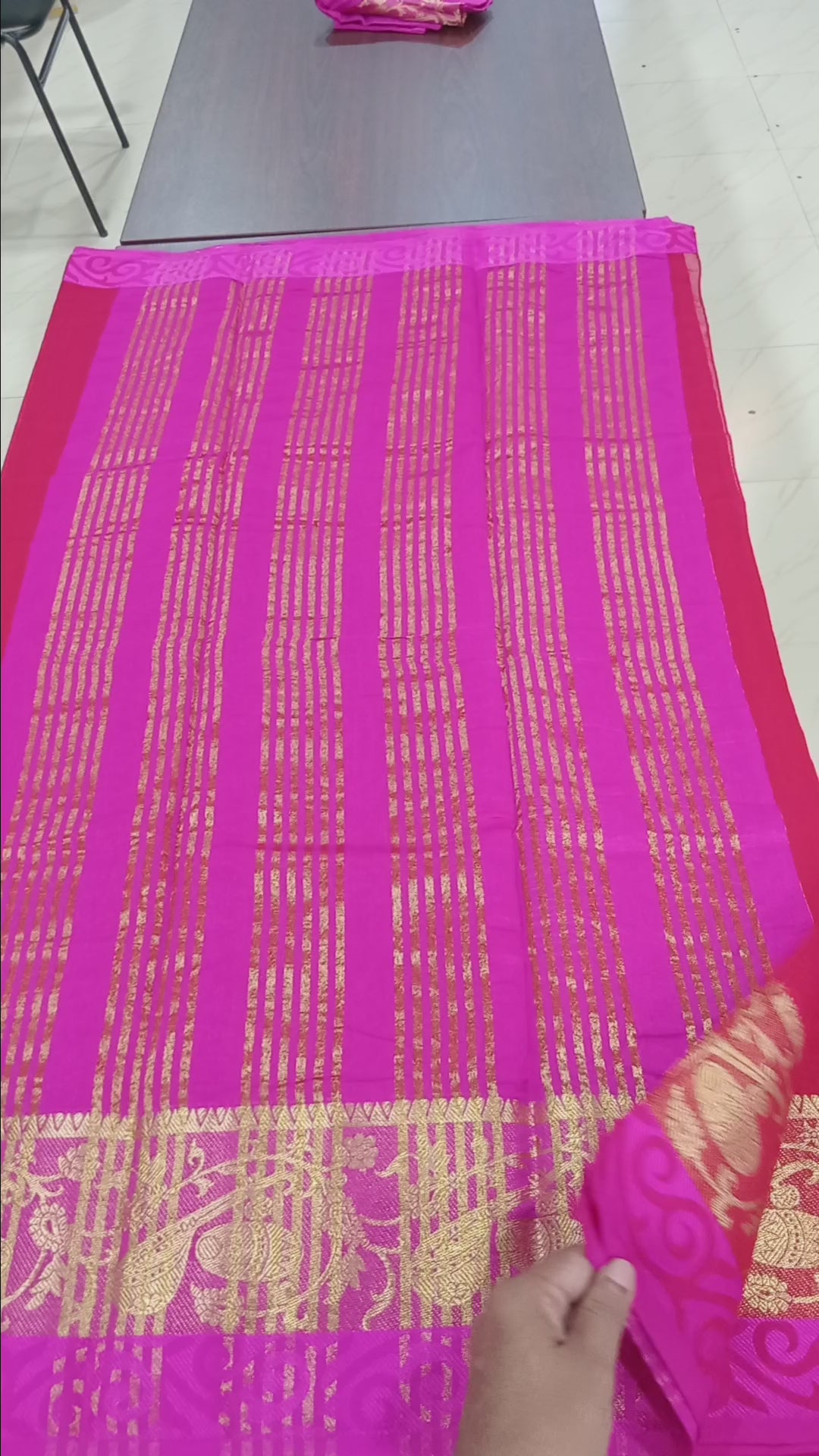 Silk Cotton Saree with intricate weaving border and pallu in Pinkish Red Color with Gold zari thread weaving and Size 38 Saree blouse