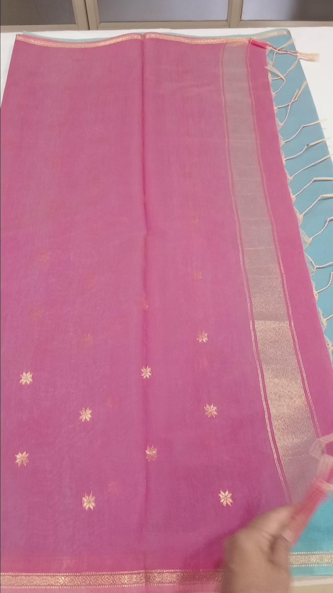 Chandheri Silk Saree with beautiful Butta Motifs in Light Blue and Pink Contrast with Tassels