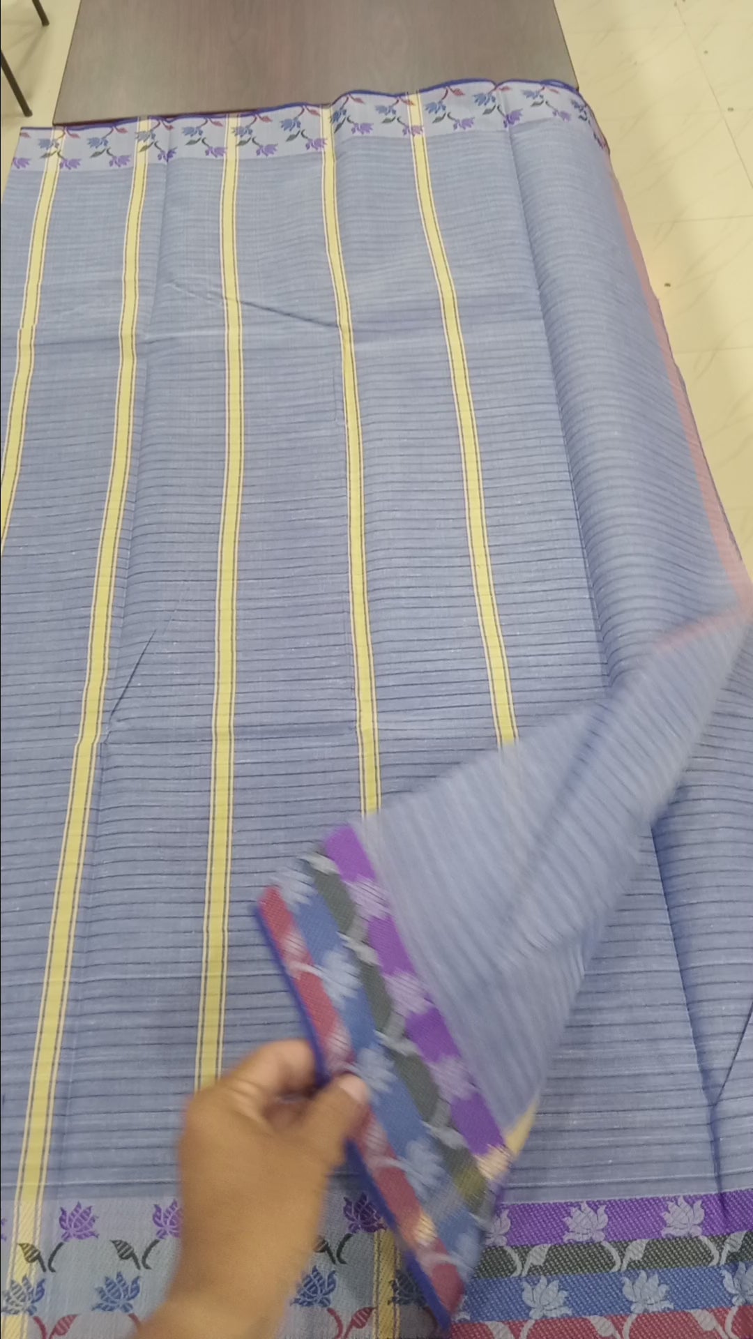 Silk Cotton Saree with floral pattern Border Lotus flower in Blue Color